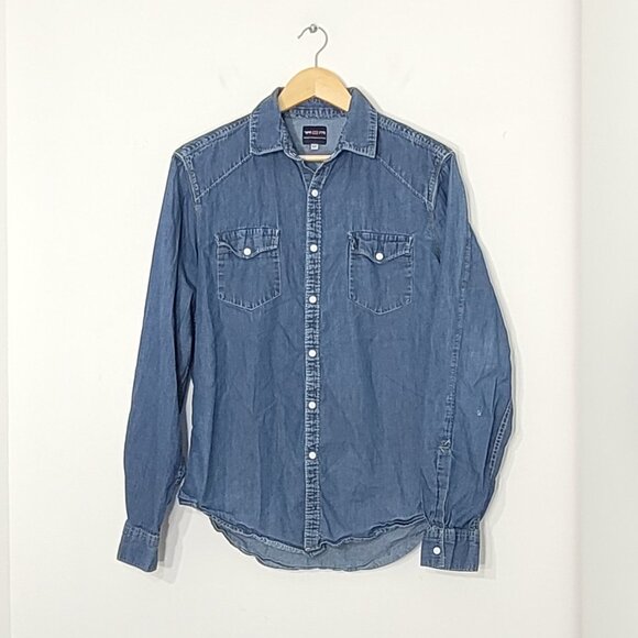 Vintage Blue Jeans Pockets Cotton Collared Slim Fit Button-Up Denim Shirt Small - Picture 3 of 14